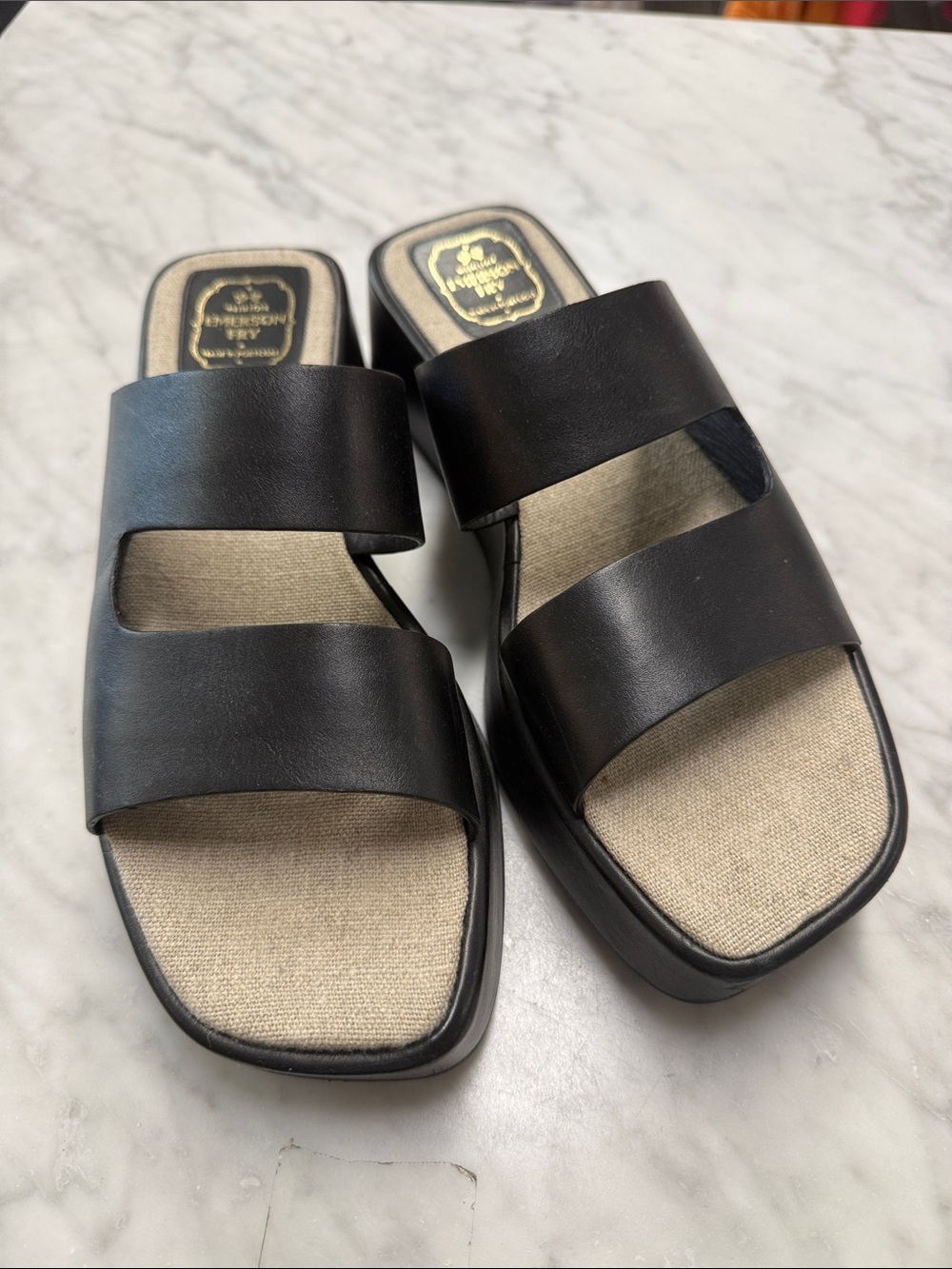 Emerson Fry Black Leather Platform Slides Size 9